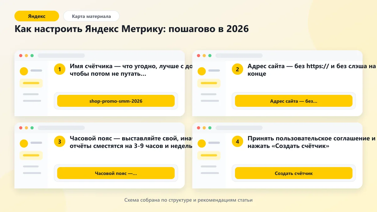 Как настроить Яндекс Метрику: пошагово в 2026: наглядная инструкция по шагам