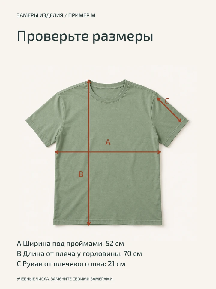 Учебная схема: A показывает ширину изделия, B длину от плеча у горловины, C длину рукава от плечевого шва.