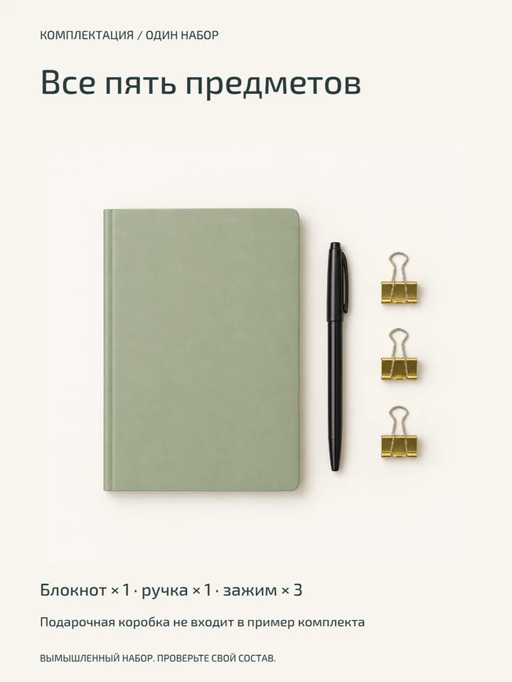 Все пять предметов видны целиком. В подписи количество указано отдельно для блокнота, ручки и зажимов.