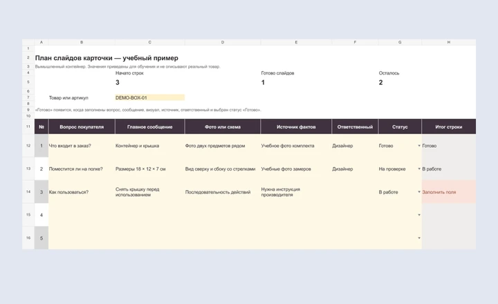 Превью документа План слайдов карточки