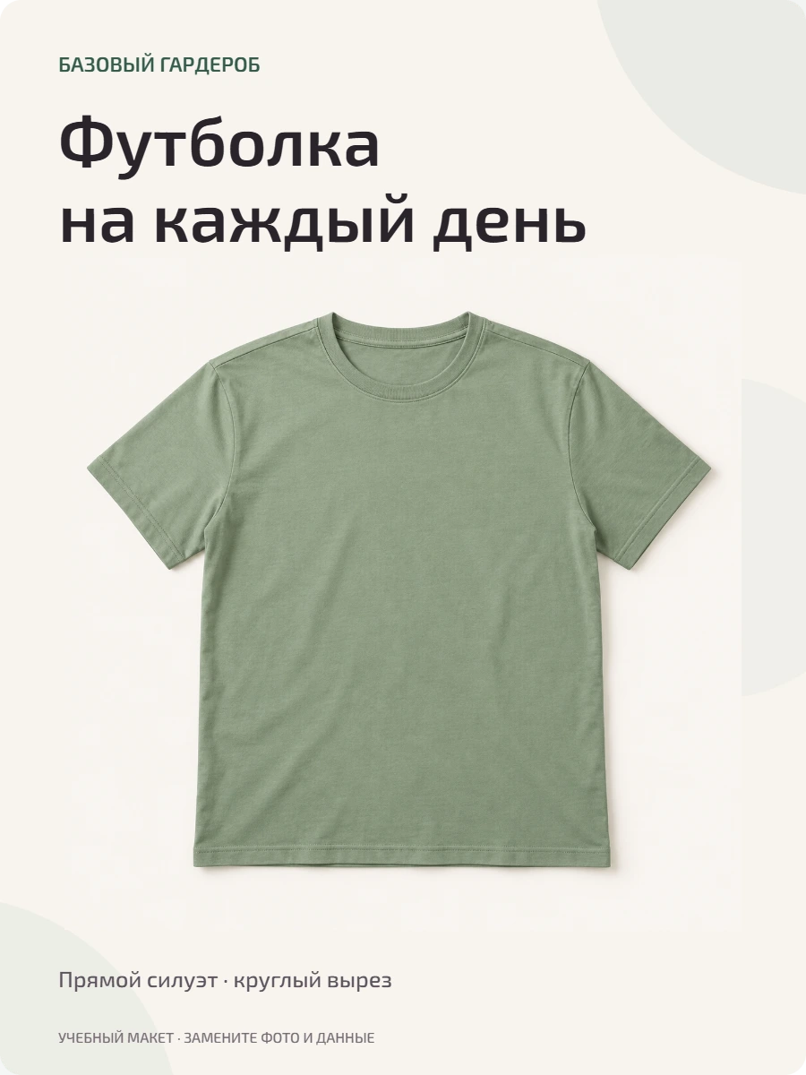 Пример карточки зелёной футболки: вещь целиком и короткое описание силуэта