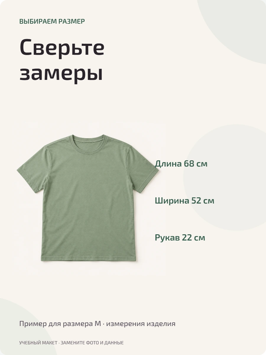 Учебный размерный слайд футболки с условными замерами длины, ширины и рукава