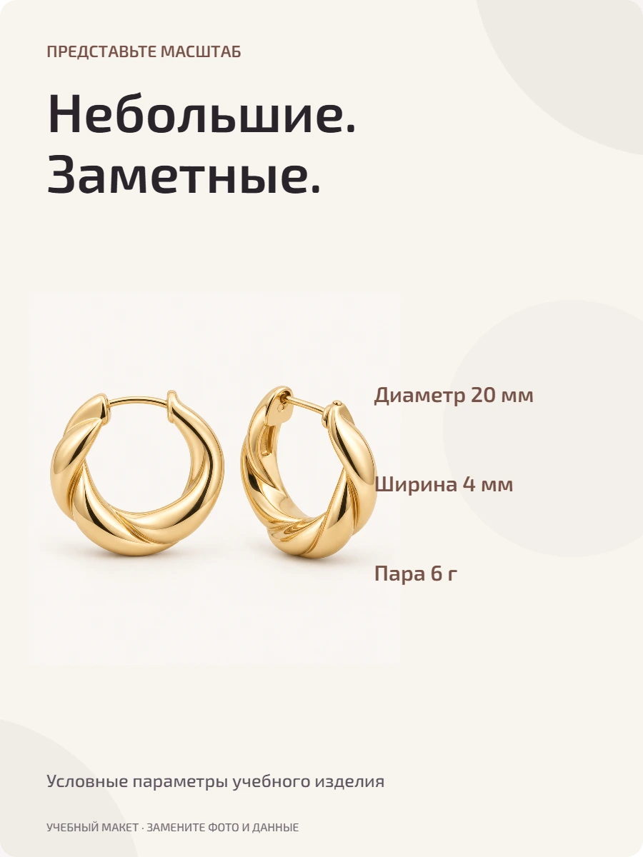Учебная карточка серёг с условным диаметром 20 миллиметров, шириной 4 миллиметра и весом пары 6 граммов